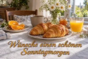 Frühstückstisch mit Croissants und Orangensaft, Text: Wünsche einen schönen Sonntagmorgen