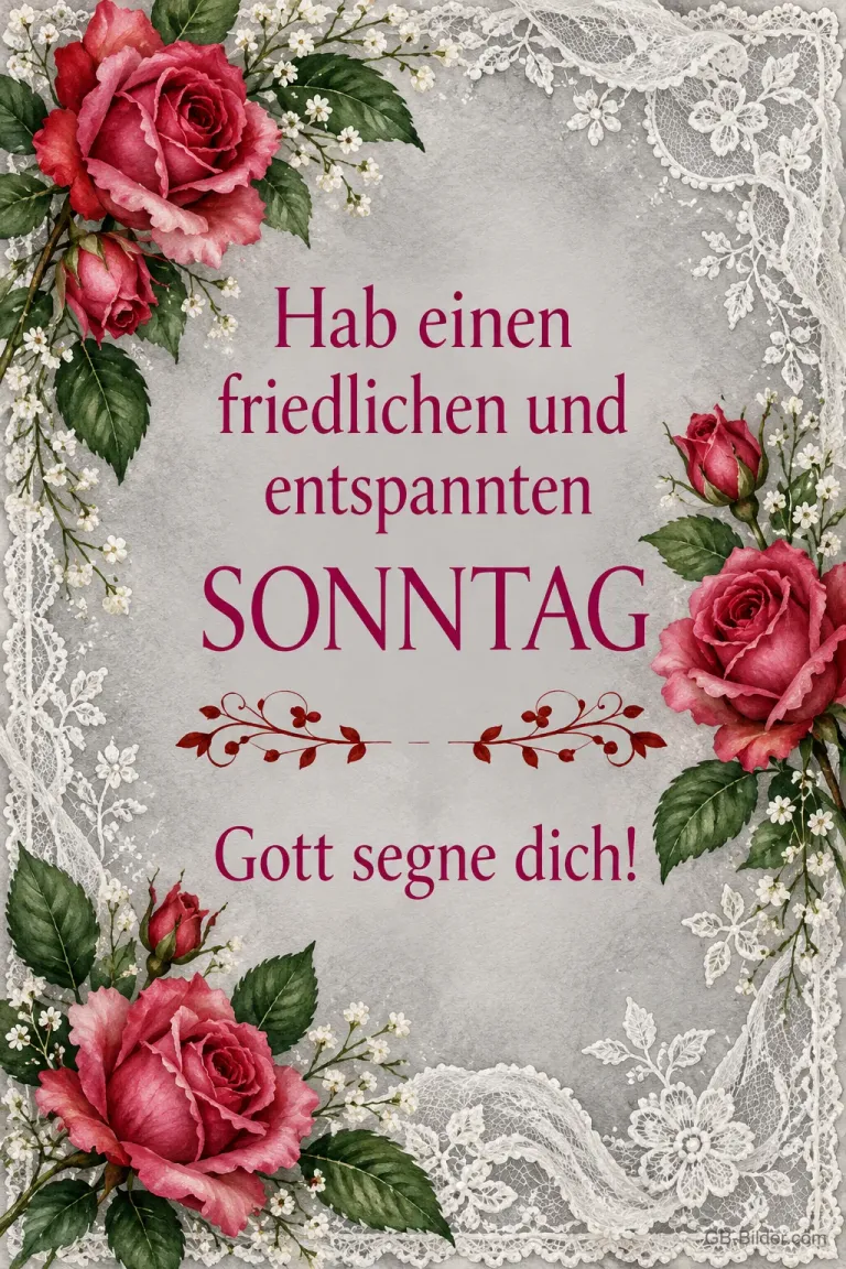 Rosen und Spitze, Text: Hab einen friedlichen und entspannten Sonntag – Gott segne dich!