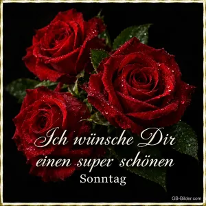 Rote Rosen mit Tautropfen, Text: Ich wünsche dir einen super schönen Sonntag