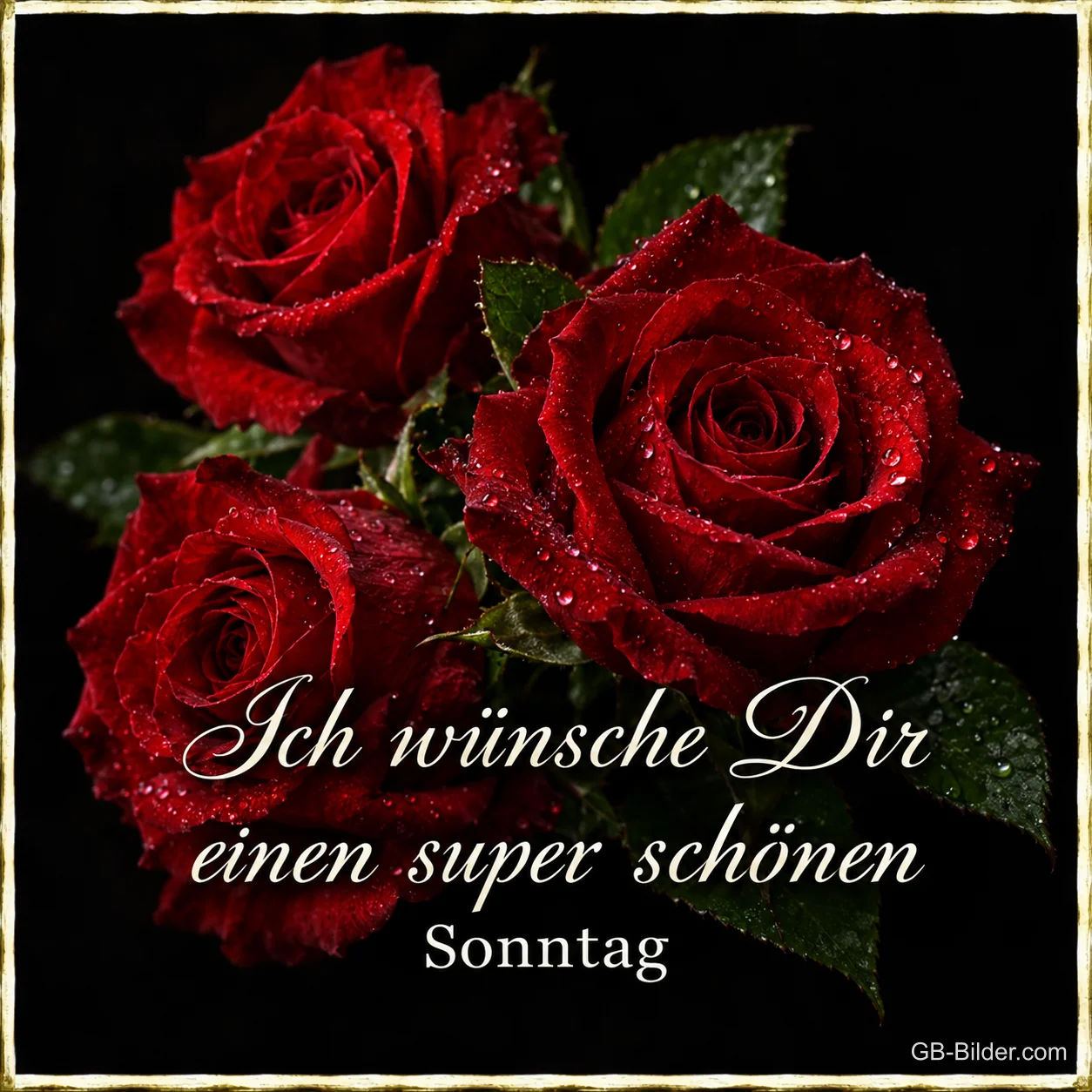 Rote Rosen mit Tautropfen, Text: Ich wünsche dir einen super schönen Sonntag