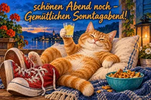 Rote Katze liegt mit Limonade und Snacks auf Kissen, daneben Turnschuhe, Abendstimmung am See, Text: schönen Abend noch – Gemütlichen Sonntagabend!