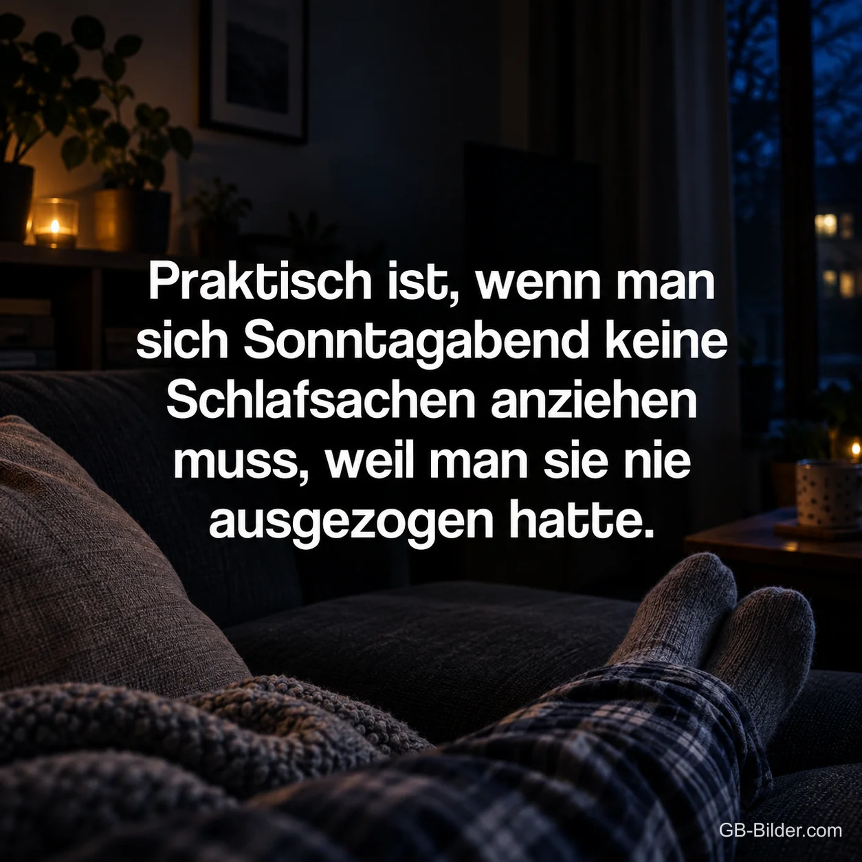 Füße in Wollsocken auf dem Sofa, lustiger Spruch über Schlafsachen am Sonntagabend