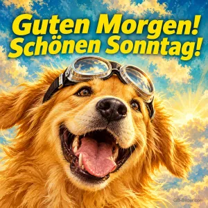 Golden Retriever mit Fliegerbrille lacht vor sonnigem Himmel, Text: Guten Morgen! Schönen Sonntag!