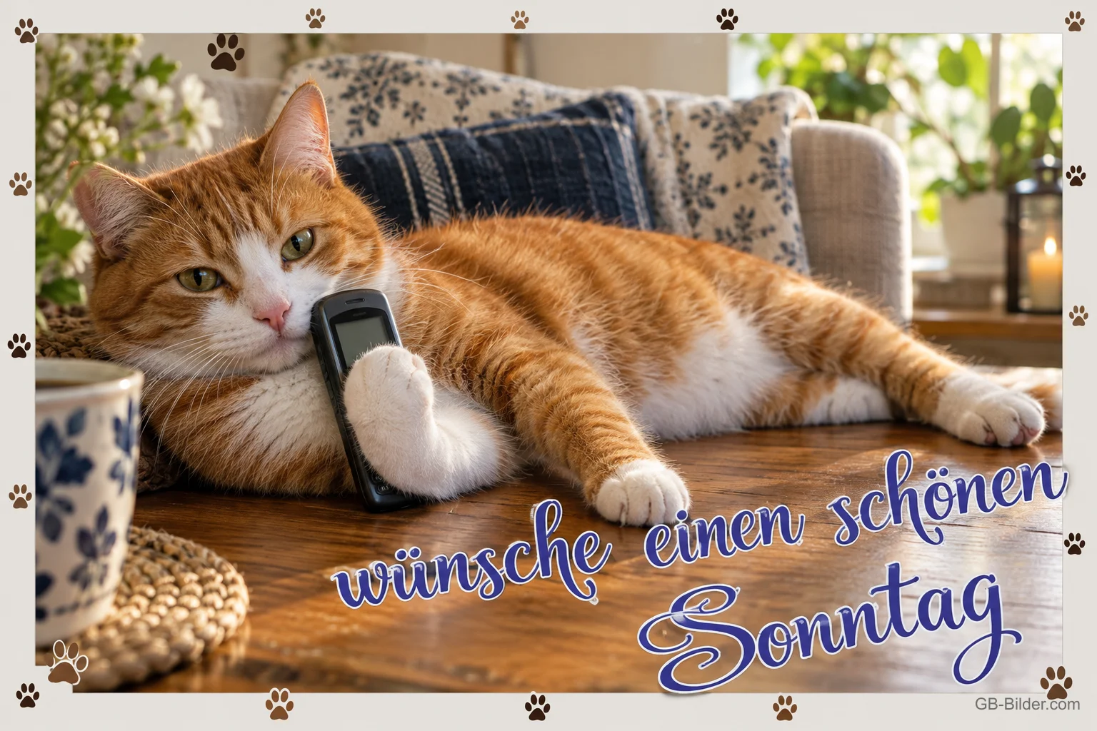 Rote Katze mit Telefon, Text: wünsche einen schönen Sonntag