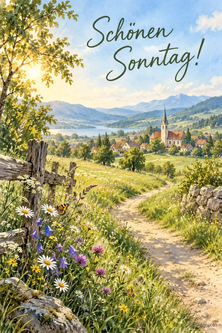 Feldweg durch Blumenwiese zu einem Dorf mit Kirche, Text: Schönen Sonntag!