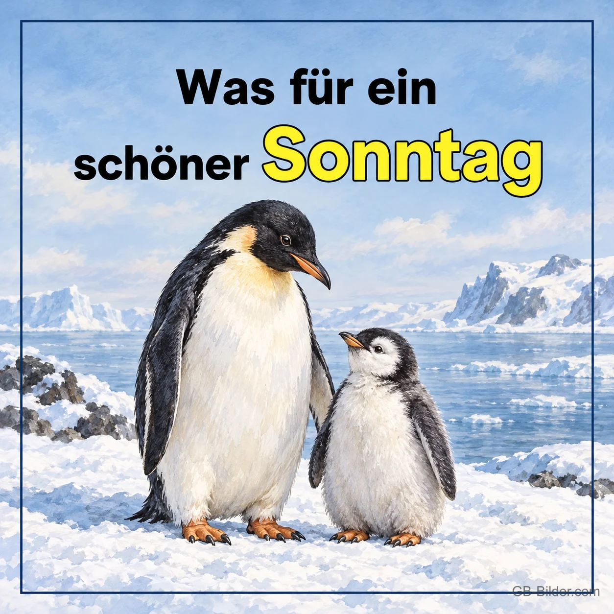 Kaiserpinguin mit Küken im Schnee, Text: Was für ein schöner Sonntag