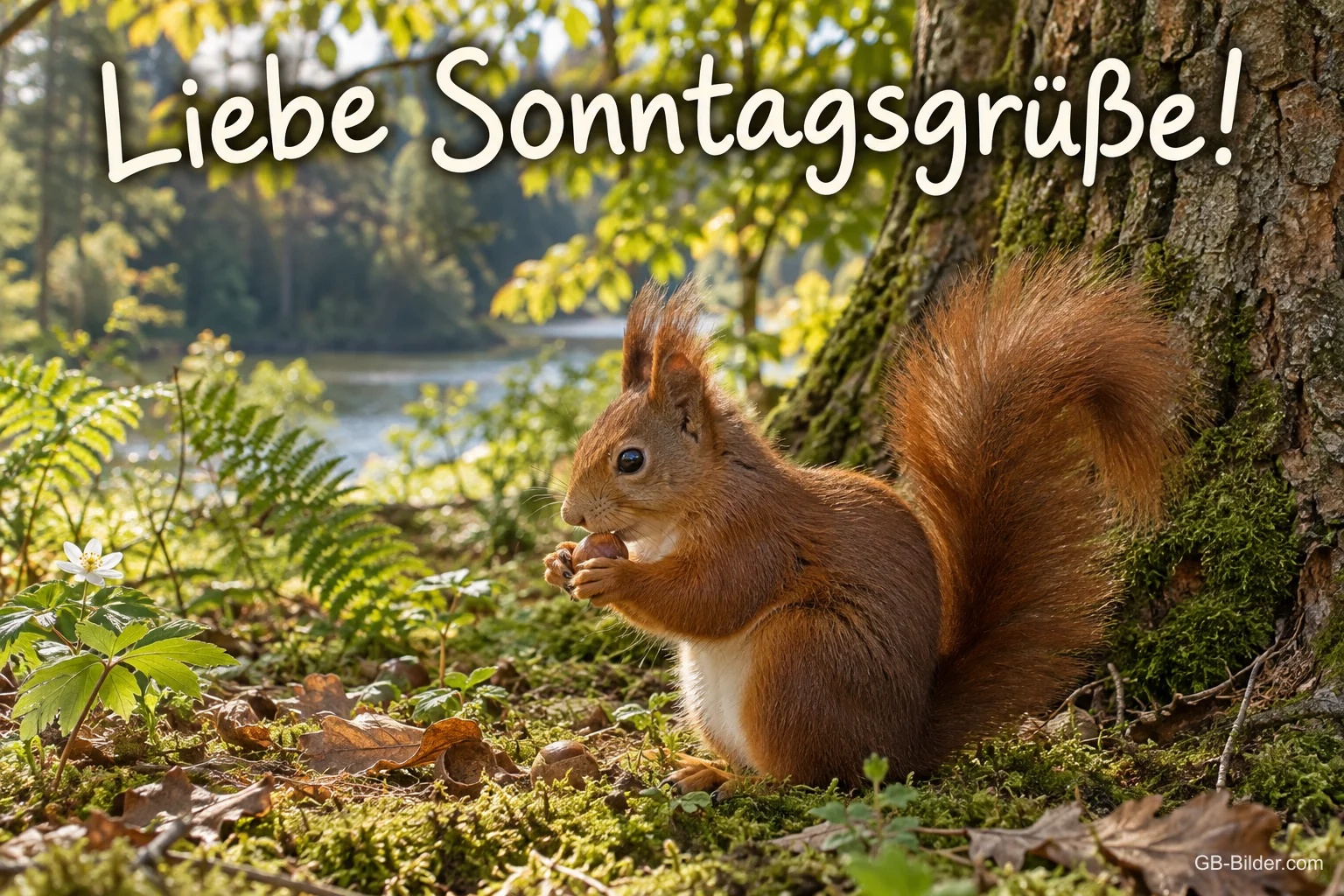 Eichhörnchen mit Nuss im Wald, Text: Liebe Sonntagsgrüße!