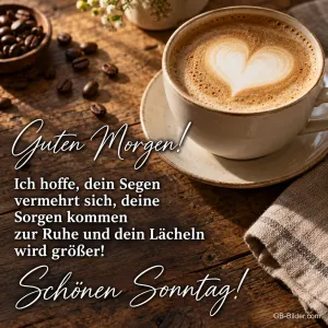 Cappuccino mit Herz und Kaffeebohnen, Text: Guten Morgen! Dein Lächeln wird größer! Schönen Sonntag!