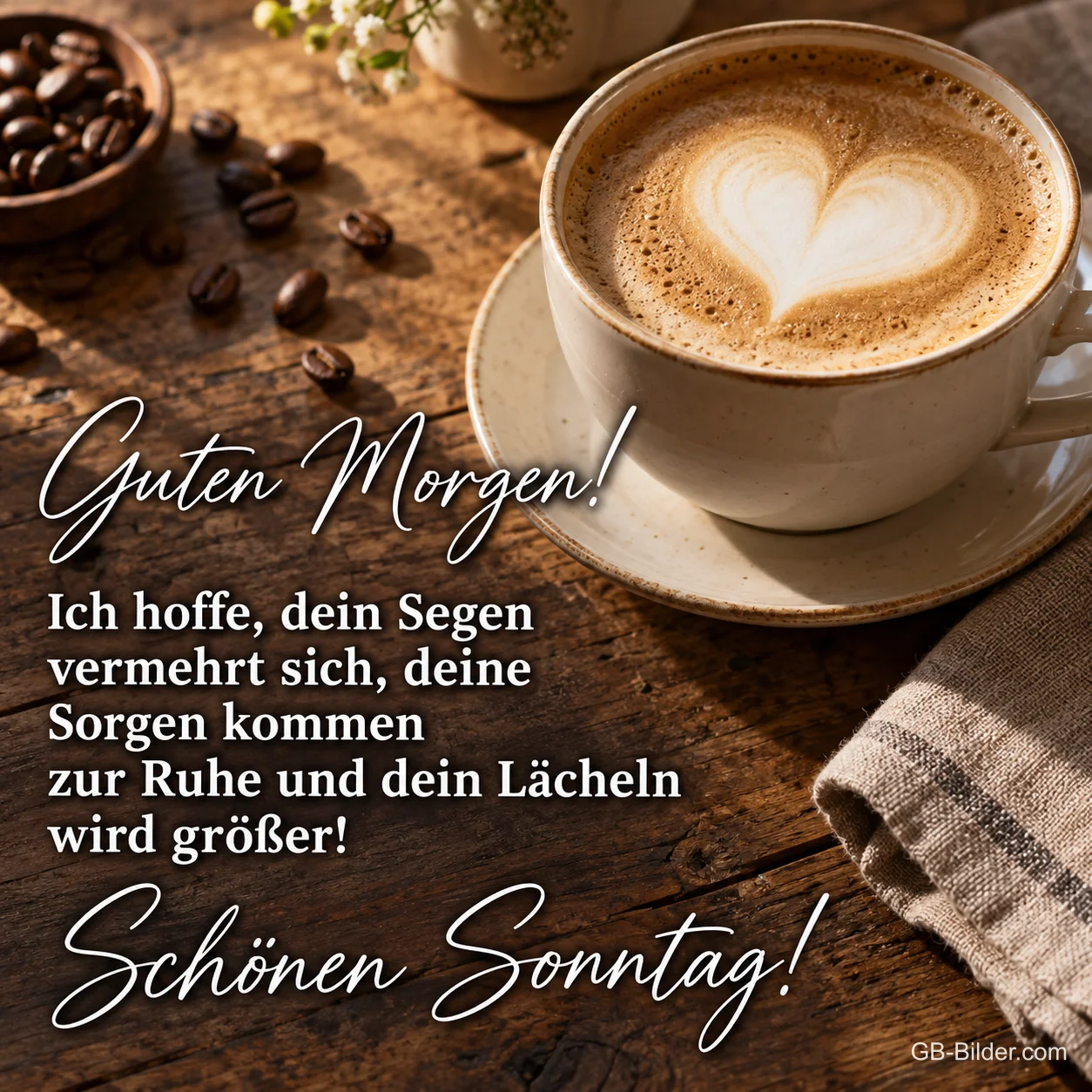 Cappuccino mit Herz und Kaffeebohnen, Text: Guten Morgen! Dein Lächeln wird größer! Schönen Sonntag!