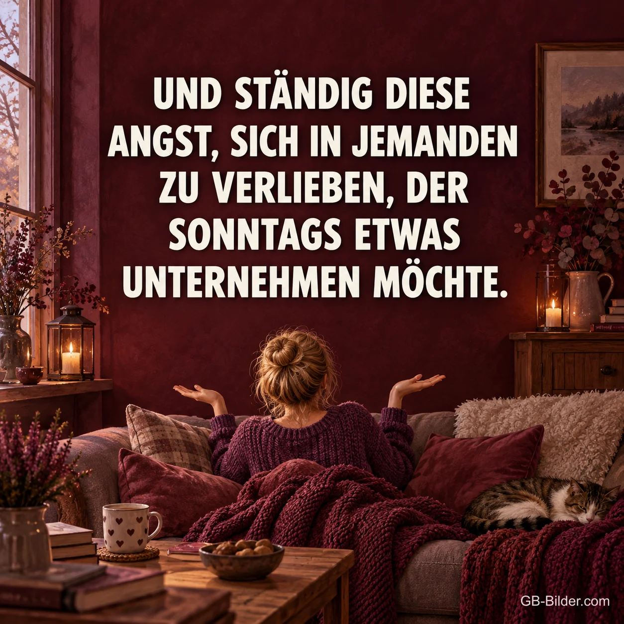 Frau zuckt auf dem Sofa mit den Schultern, lustiger Sonntagsspruch