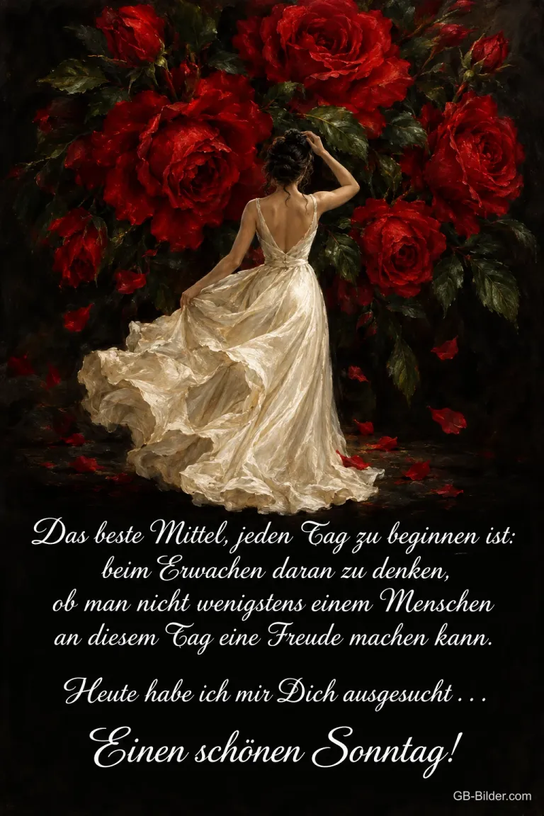 Frau im Ballkleid vor roten Rosen, Spruch: Heute habe ich mir Dich ausgesucht. Einen schönen Sonntag!