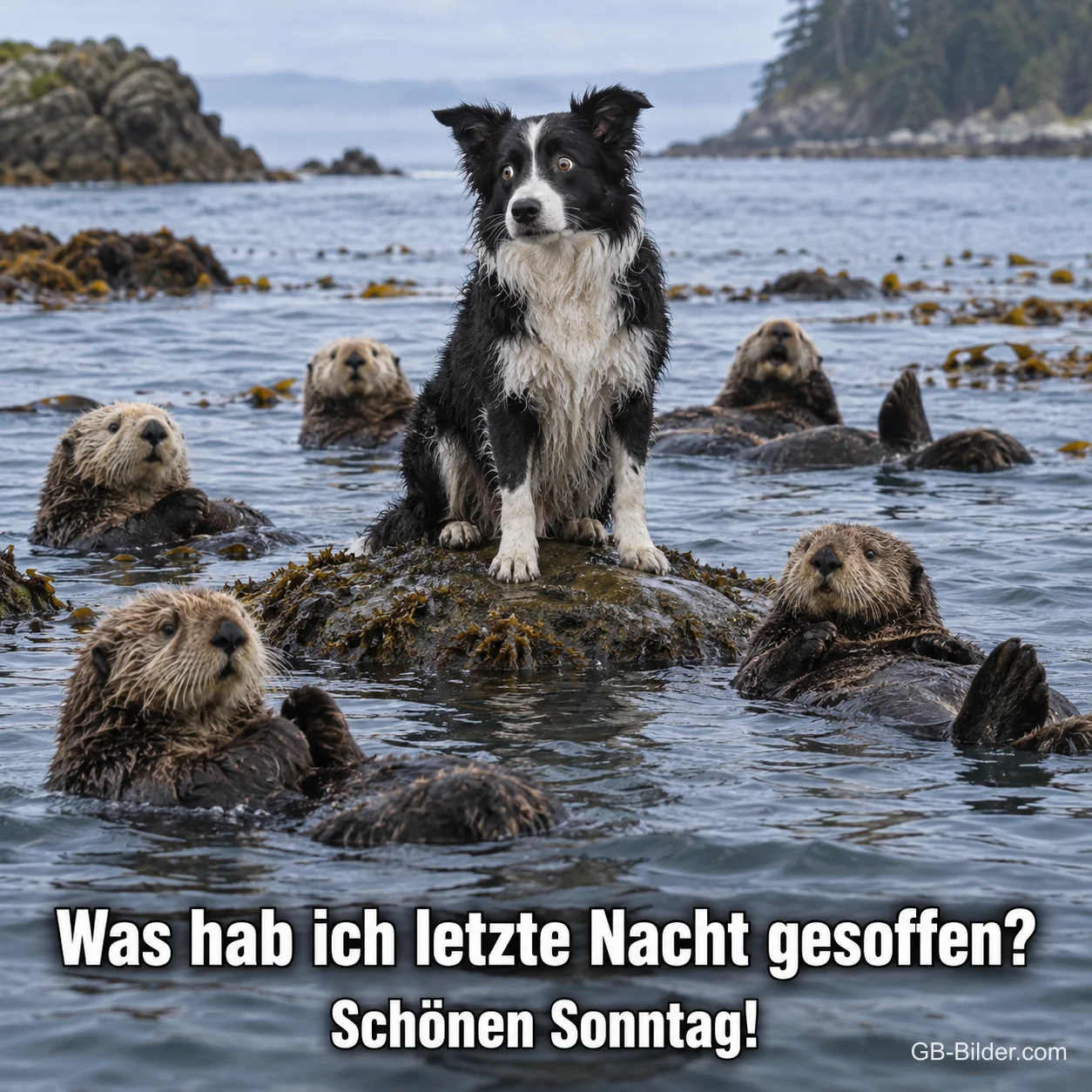 Border Collie zwischen Seeottern, lustiger Spruch: Was hab ich letzte Nacht gesoffen? Schönen Sonntag!