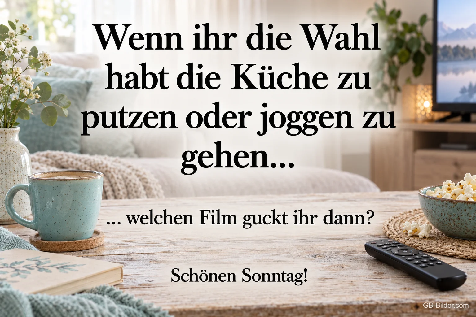 Kaffee, Popcorn und Fernbedienung, lustiger Spruch, Schönen Sonntag!