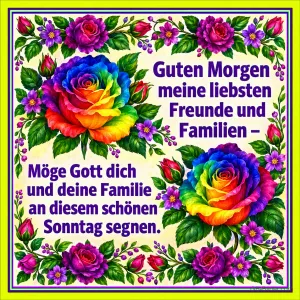 Bunte Regenbogenrosen in einem Rahmen aus lila und roten Blüten, Text: Guten Morgen meine liebsten Freunde und Familien – Möge Gott dich und deine Familie an diesem schönen Sonntag segnen.