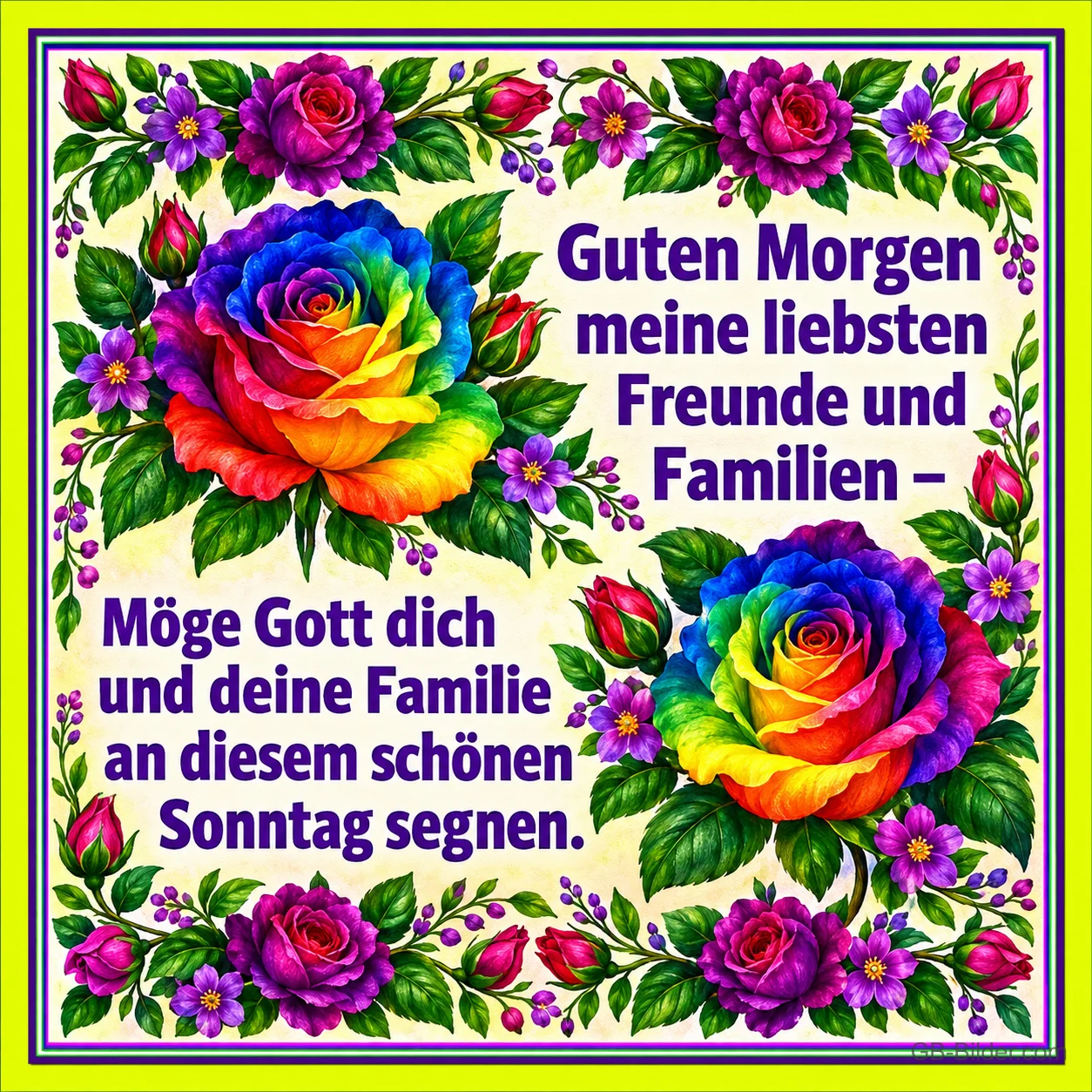 Bunte Regenbogenrosen in einem Rahmen aus lila und roten Blüten, Text: Guten Morgen meine liebsten Freunde und Familien – Möge Gott dich und deine Familie an diesem schönen Sonntag segnen.
