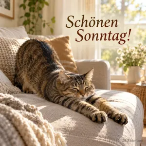 Katze streckt sich auf dem Sofa in der Sonne, Text: Schönen Sonntag!