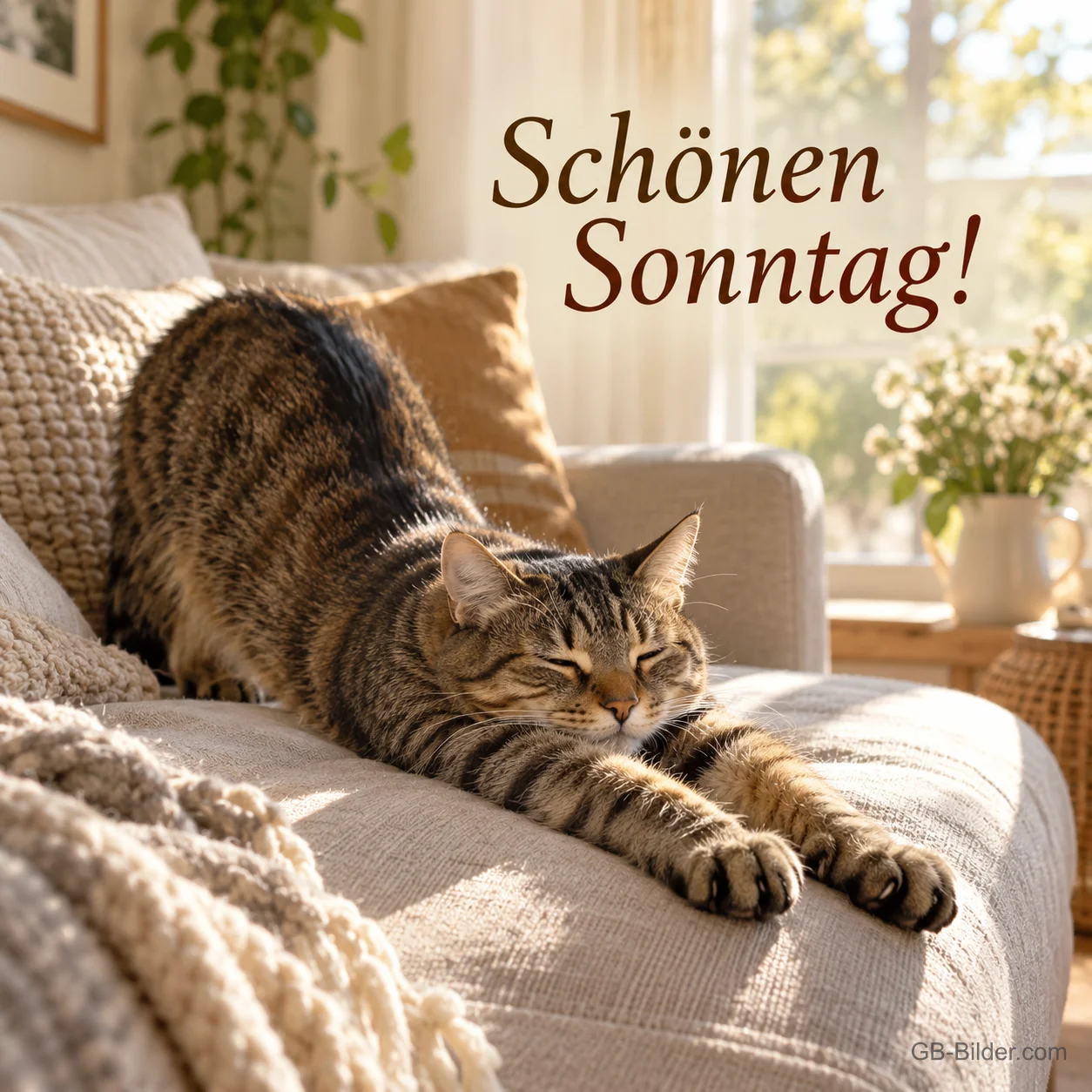 Katze streckt sich auf dem Sofa in der Sonne, Text: Schönen Sonntag!