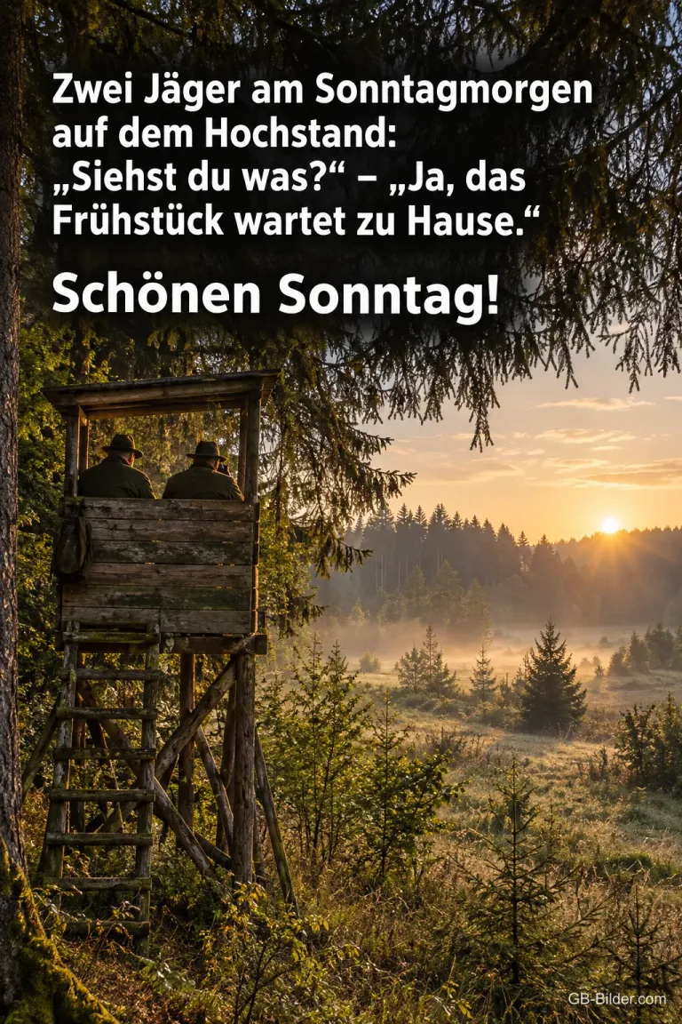 Hochstand im Morgennebel, lustiger Spruch über zwei Jäger, Schönen Sonntag!