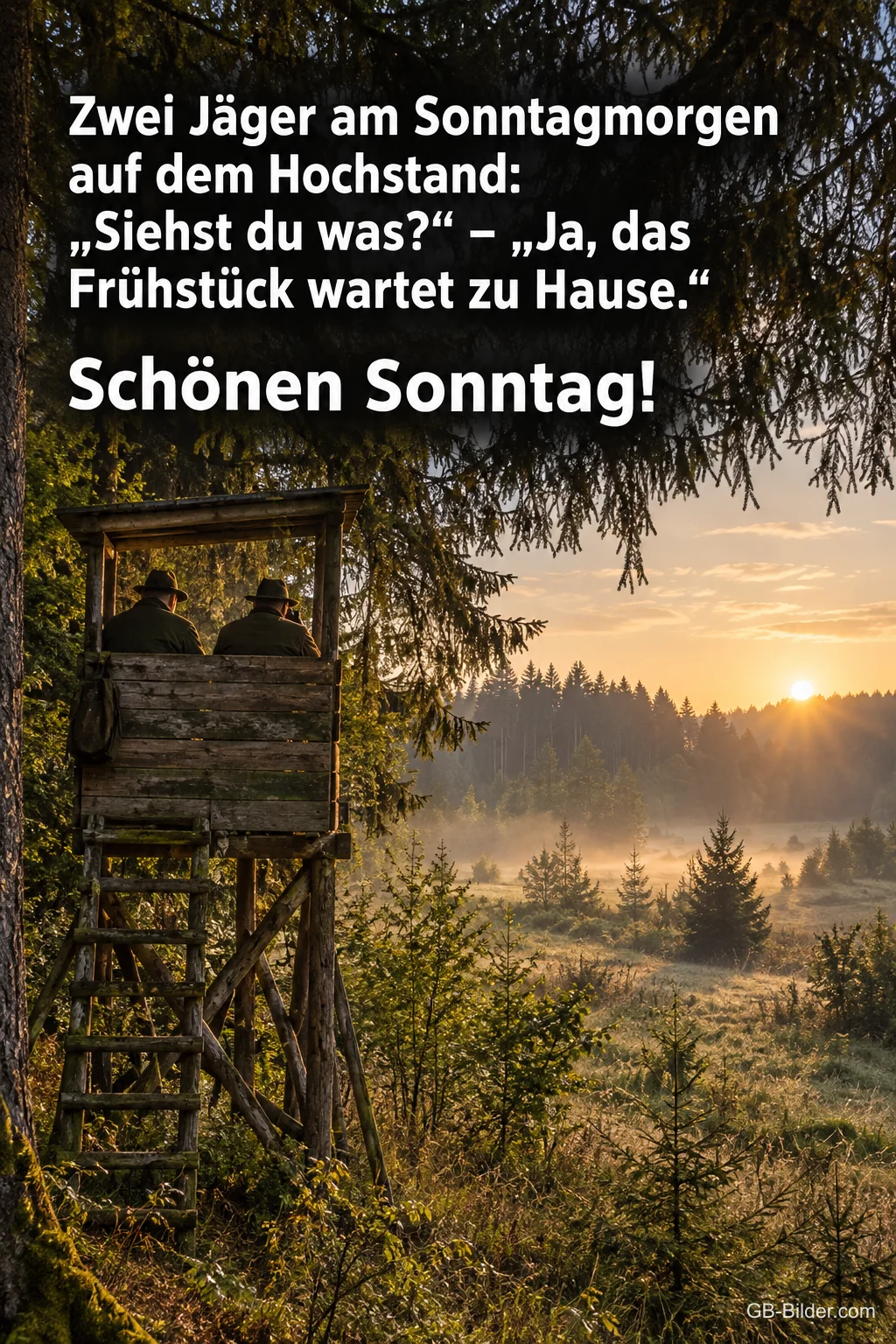 Hochstand im Morgennebel, lustiger Spruch über zwei Jäger, Schönen Sonntag!