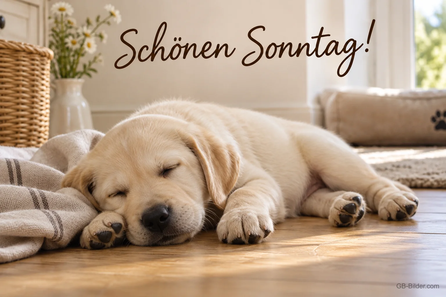 Schlafender Labradorwelpe, Text: Schönen Sonntag!