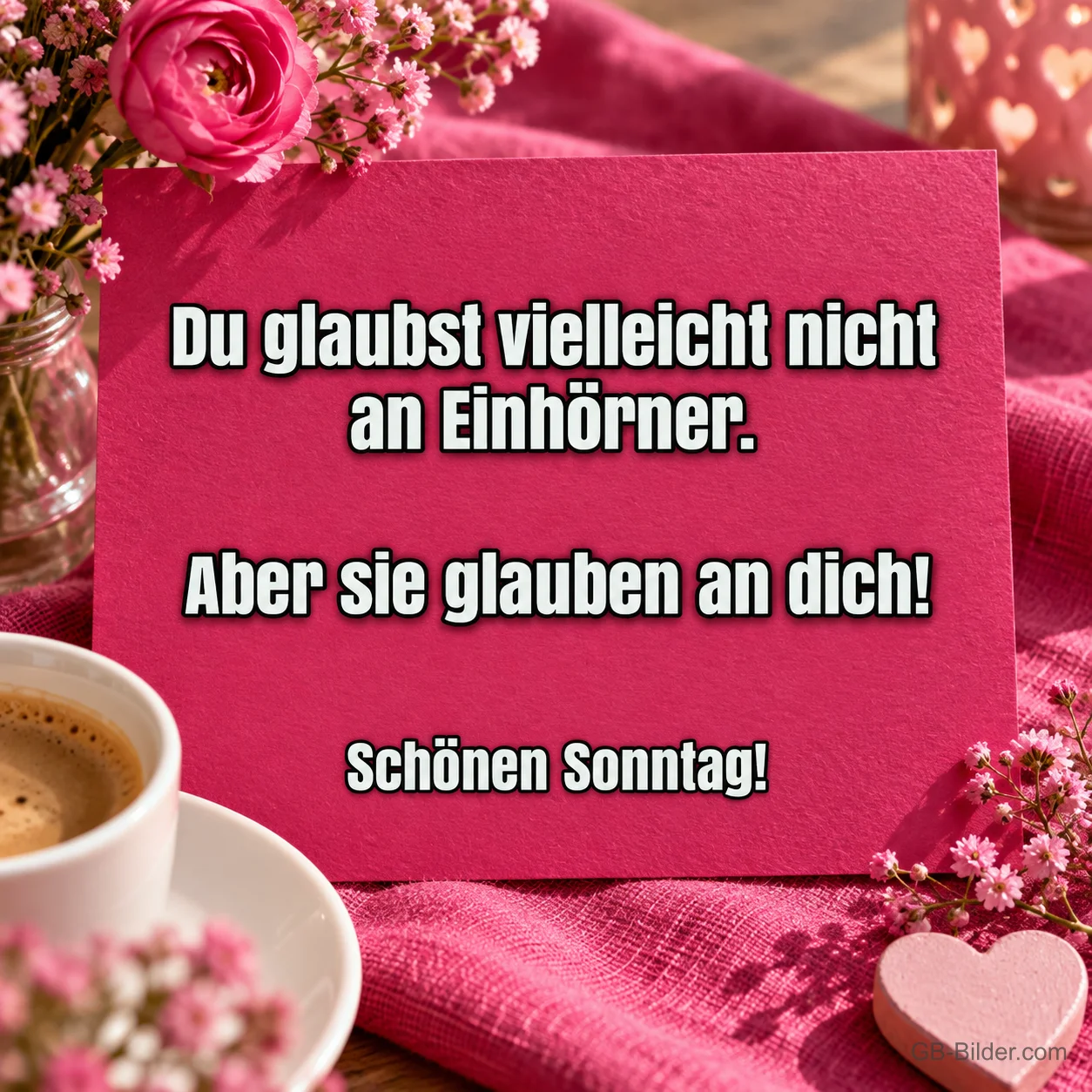 Pinke Karte mit Kaffee und Blumen, Spruch über Einhörner, Schönen Sonntag!