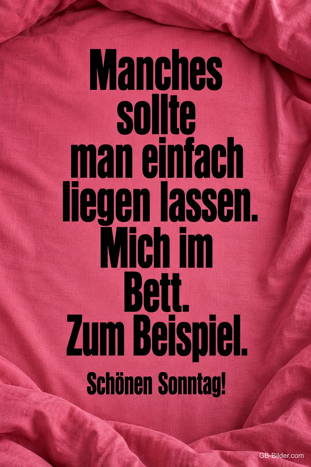 Schrift auf pinker Bettwäsche, lustiger Spruch: Manches sollte man einfach liegen lassen. Schönen Sonntag!