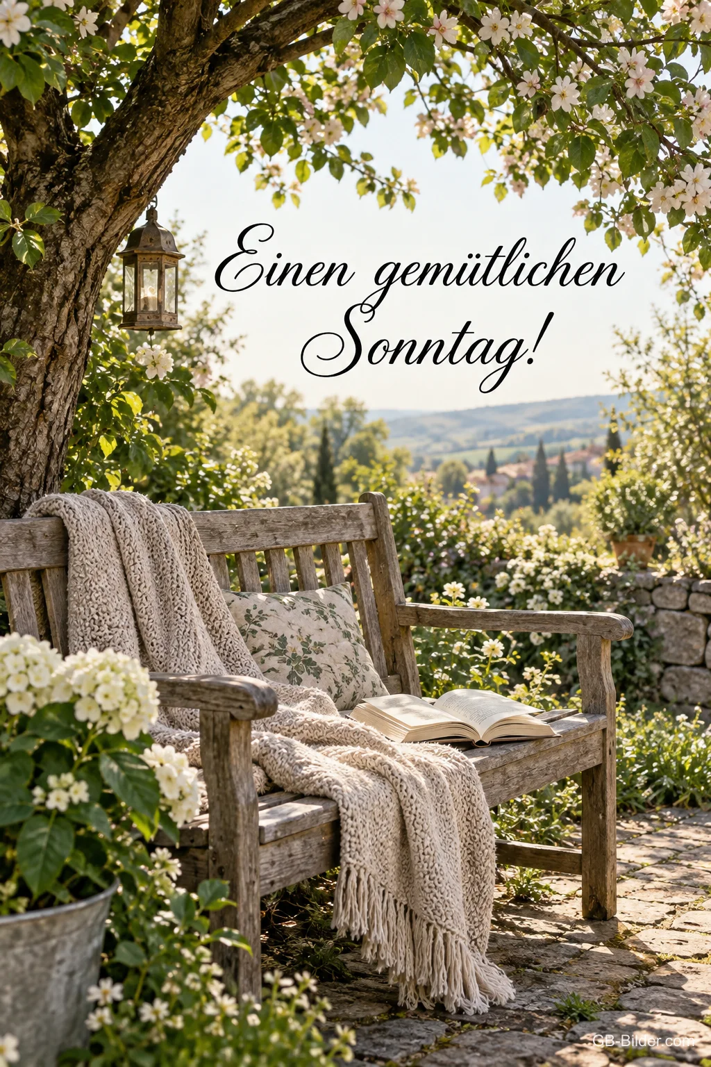 Gartenbank mit Decke und Buch unter Blüten, Text: Einen gemütlichen Sonntag!