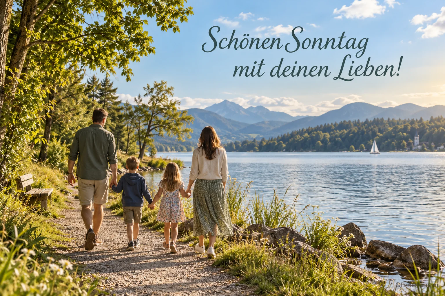 Familie spaziert am See, Text: Schönen Sonntag mit deinen Lieben!