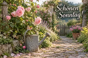 Gießkanne im Rosengarten, Text: Schönen Sonntag!