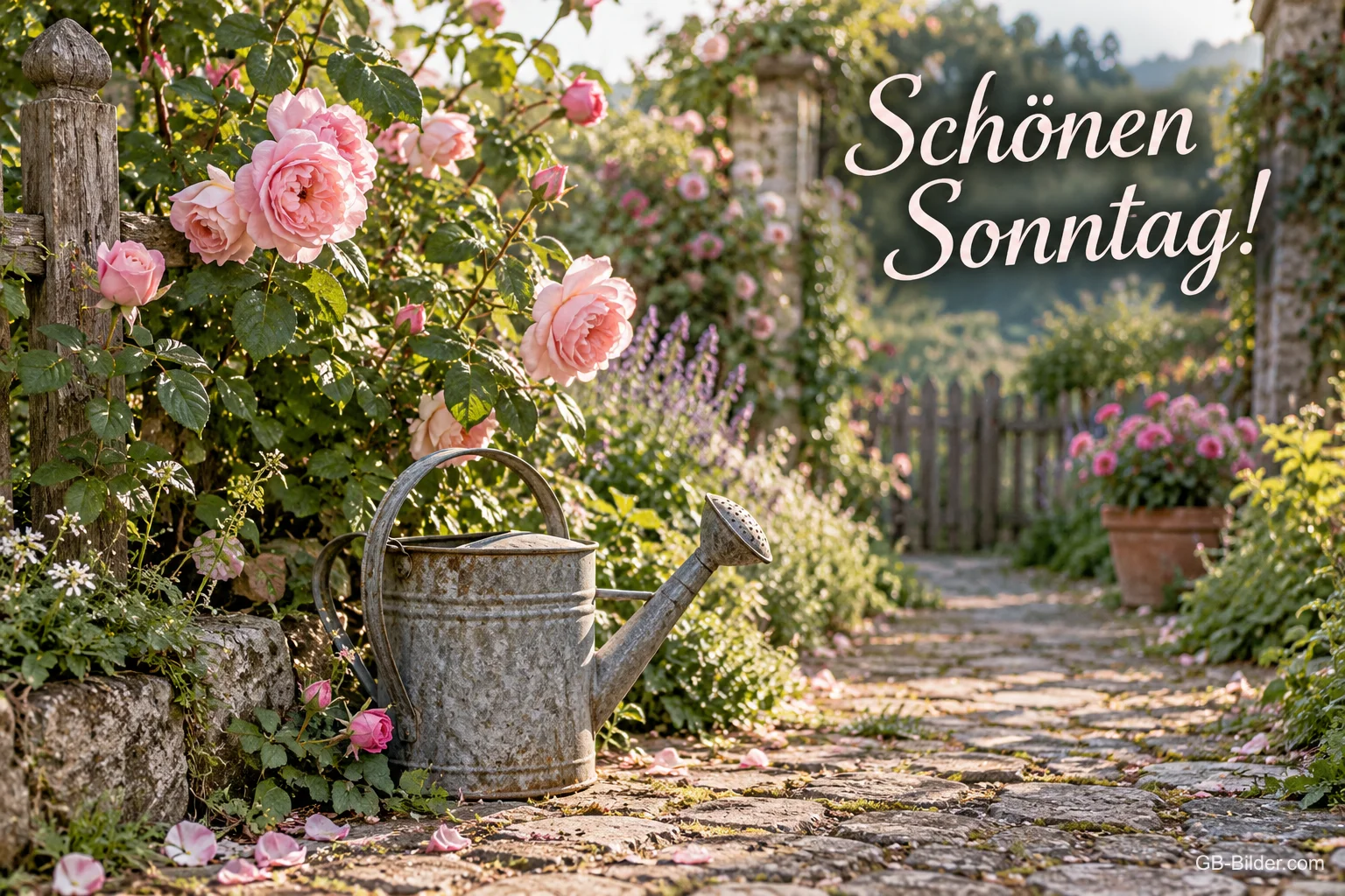 Gießkanne im Rosengarten, Text: Schönen Sonntag!
