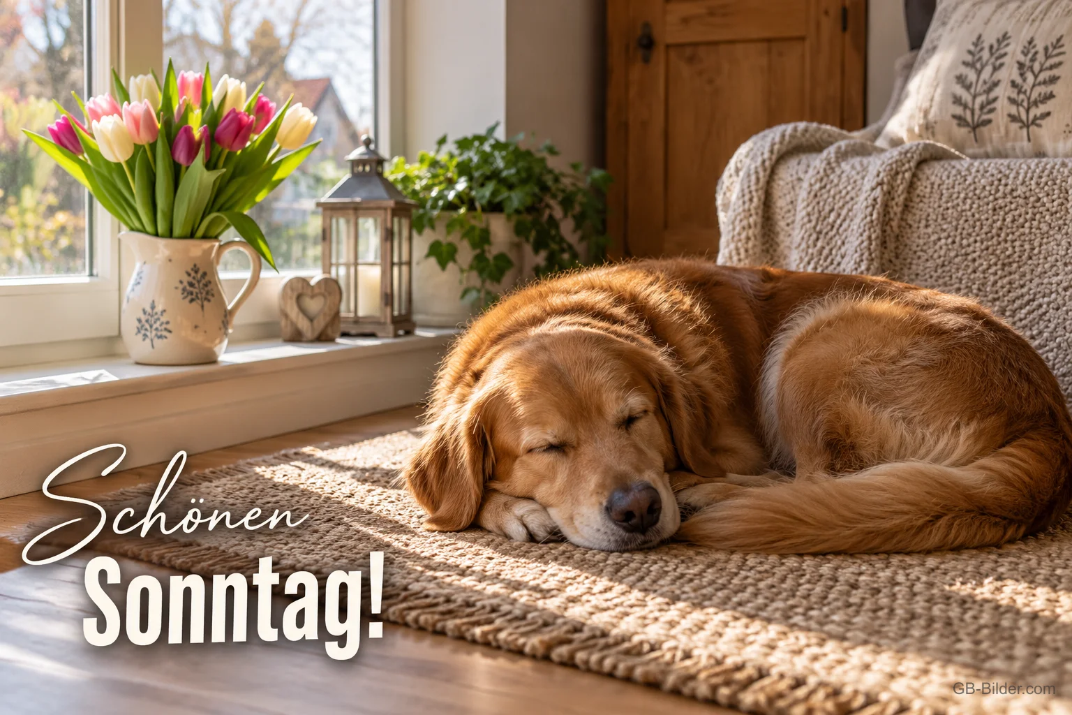 Schlafender Hund am Fenster mit Tulpen, Text: Schönen Sonntag!