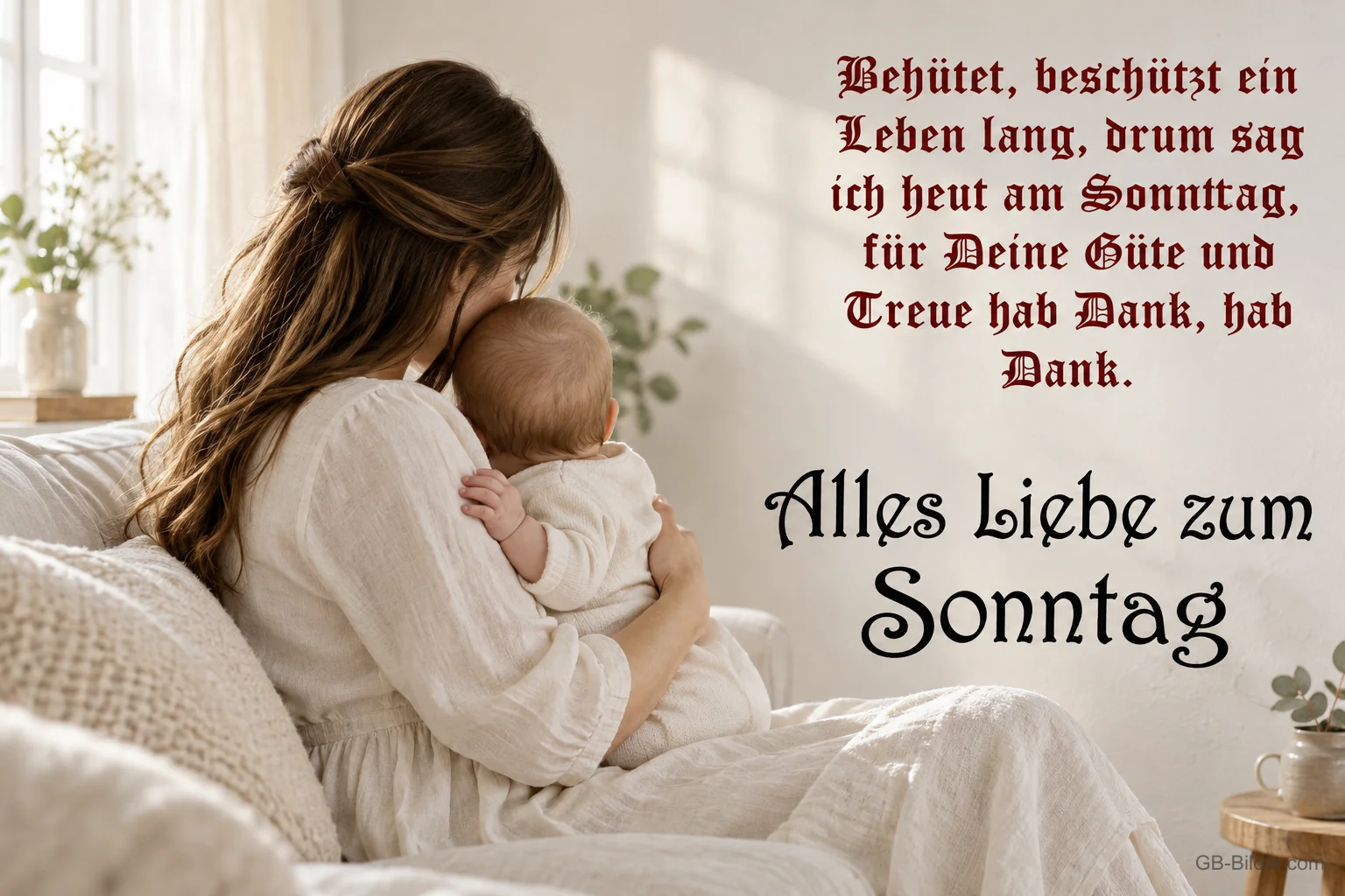 Mutter mit Baby im Arm, Gedicht: Behütet, beschützt ein Leben lang, Alles Liebe zum Sonntag
