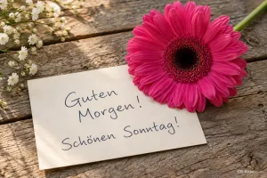 Pinke Gerbera auf einer Karte, Text: Guten Morgen! Schönen Sonntag!
