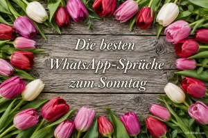 Tulpenrahmen auf Holz, Text: Die besten WhatsApp-Sprüche zum Sonntag