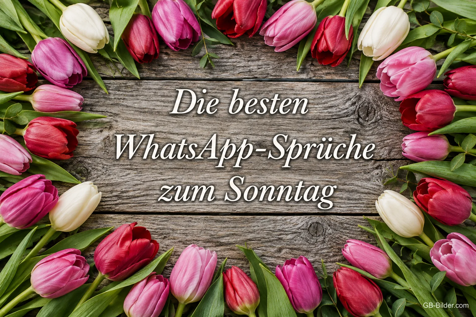 Tulpenrahmen auf Holz, Text: Die besten WhatsApp-Sprüche zum Sonntag