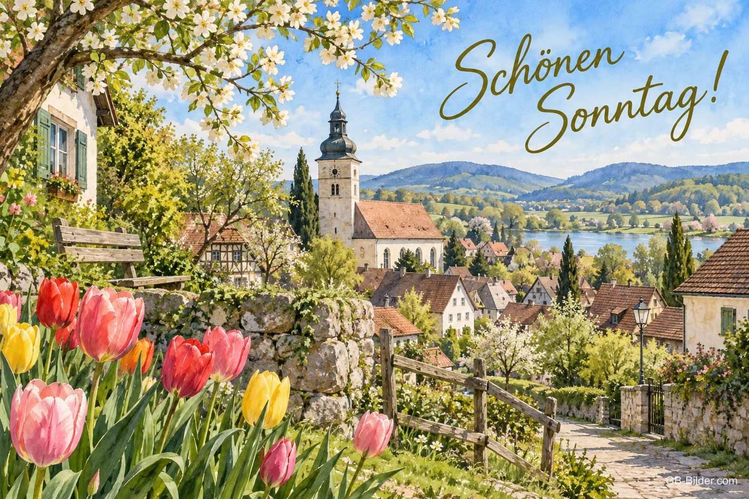 Dorf mit Kirchturm im Frühling, Text: Schönen Sonntag!