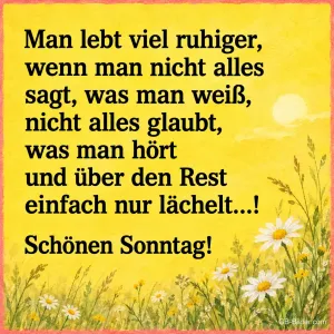 Gelbe Karte mit Margeriten, Spruch: Man lebt viel ruhiger, Schönen Sonntag!