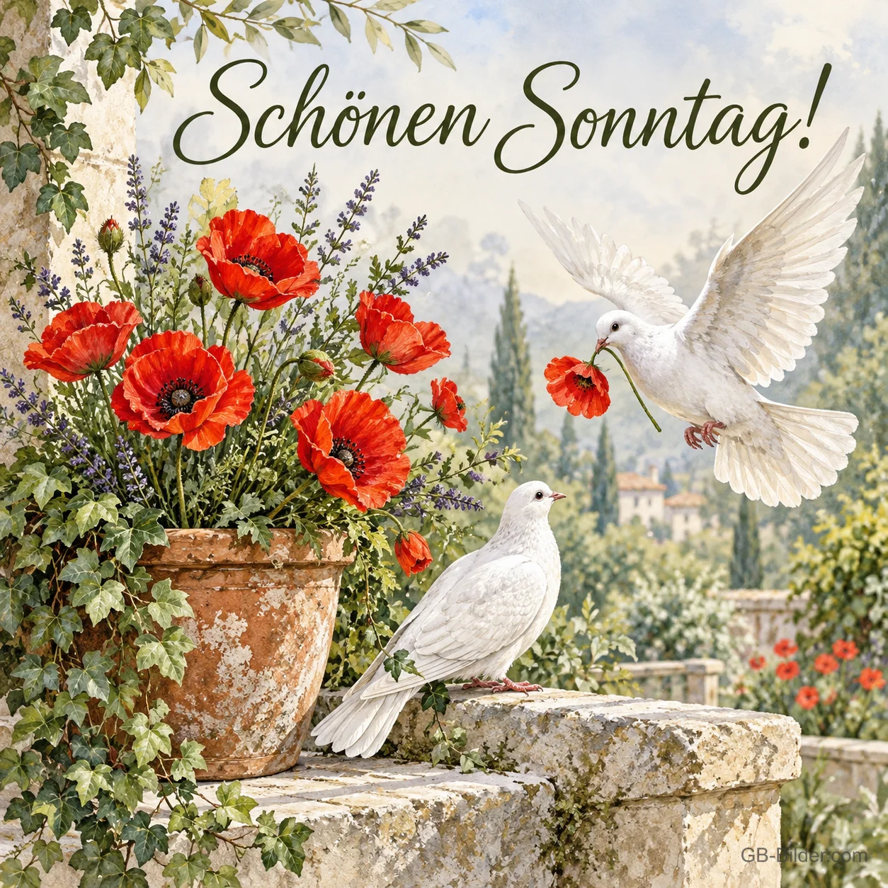 Weiße Tauben mit Mohnblumen, Text: Schönen Sonntag!