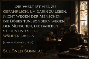 Mann am Schreibtisch am Fenster, Zitat Albert Einstein, Schönen Sonntag!