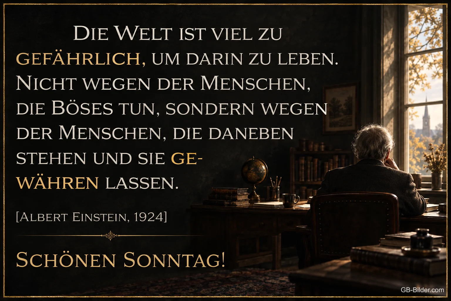 Mann am Schreibtisch am Fenster, Zitat Albert Einstein, Schönen Sonntag!