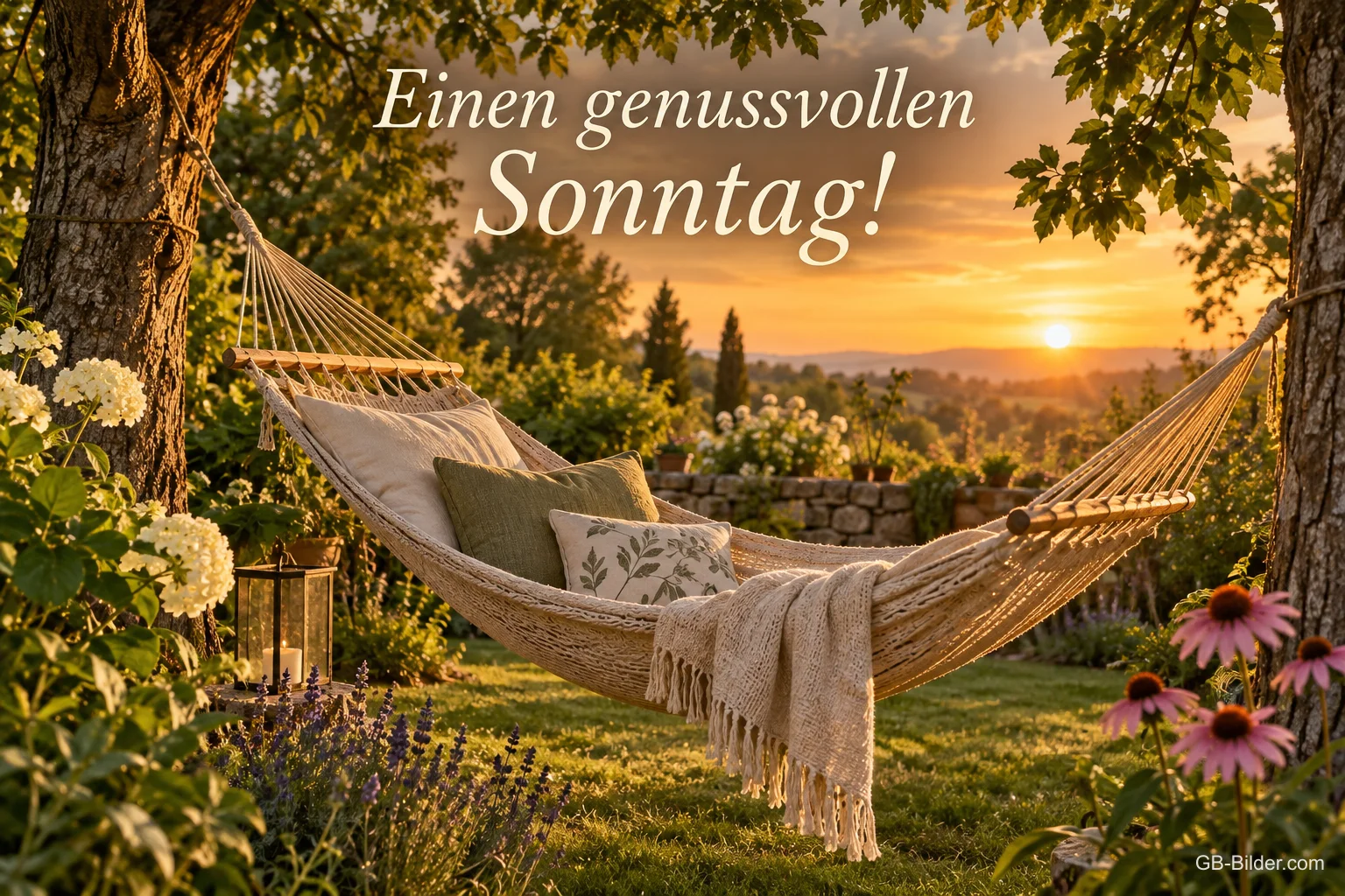 Hängematte im Garten bei Sonnenuntergang, Text: Einen genussvollen Sonntag!