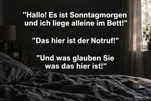 Bett im dämmrigen Schlafzimmer, lustiger Spruch über den Notruf am Sonntagmorgen