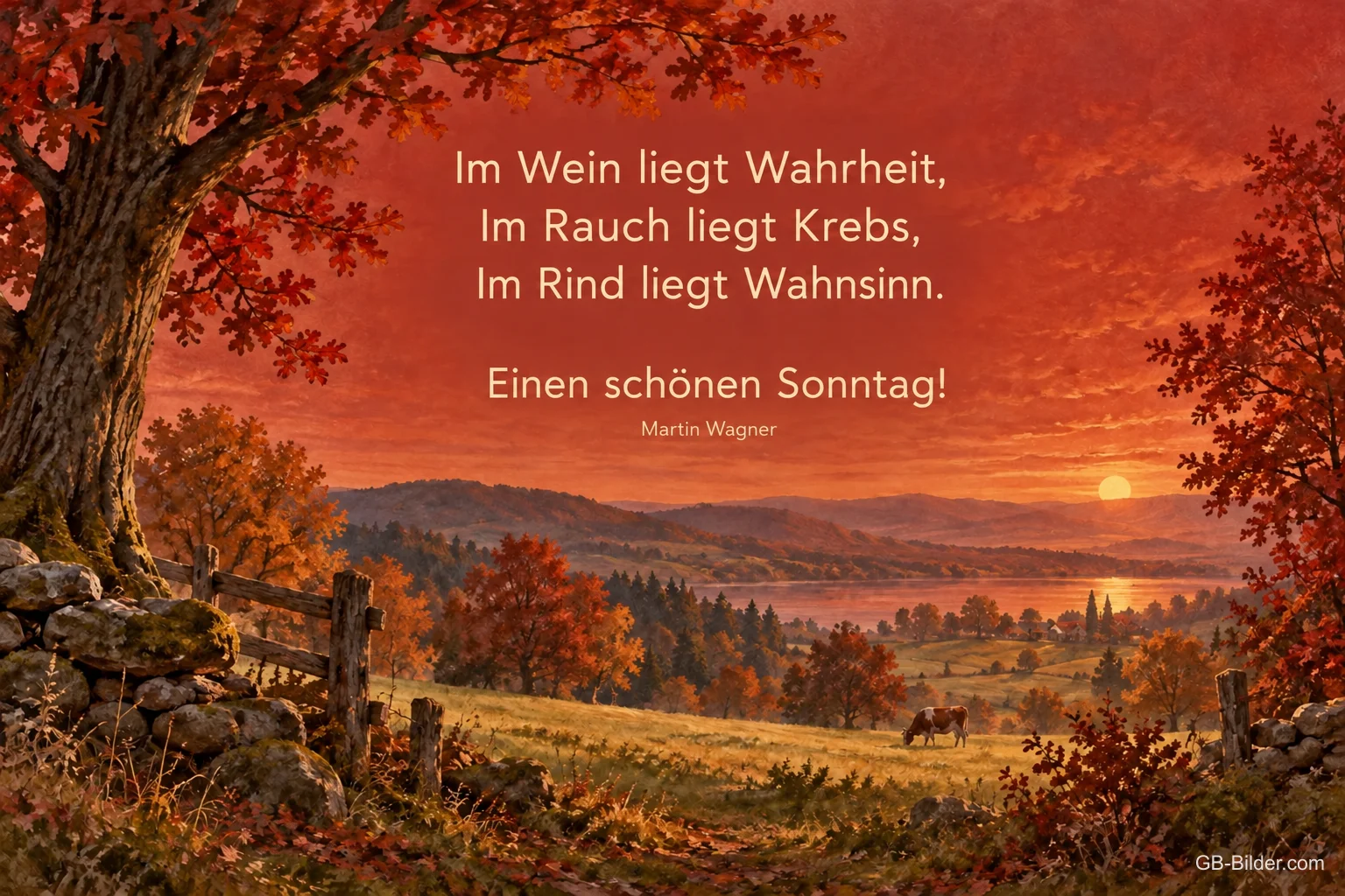 Herbstlandschaft mit Kühen, Spruch: Im Wein liegt Wahrheit, Einen schönen Sonntag! – Martin Wagner