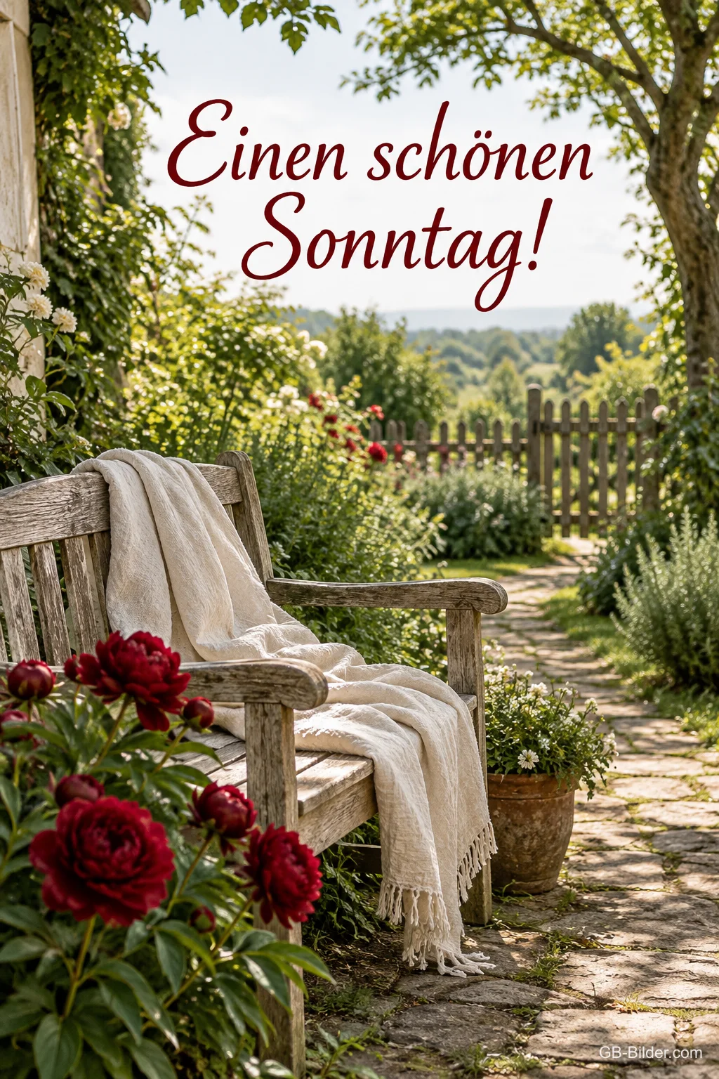 Gartenbank mit Pfingstrosen, Text: Einen schönen Sonntag!