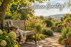 Gartenbank zwischen Hortensien, Text: Einen schönen Sonntag!