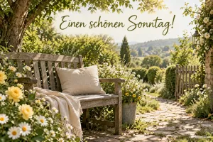 Gartenbank zwischen Margeriten, Text: Einen schönen Sonntag!