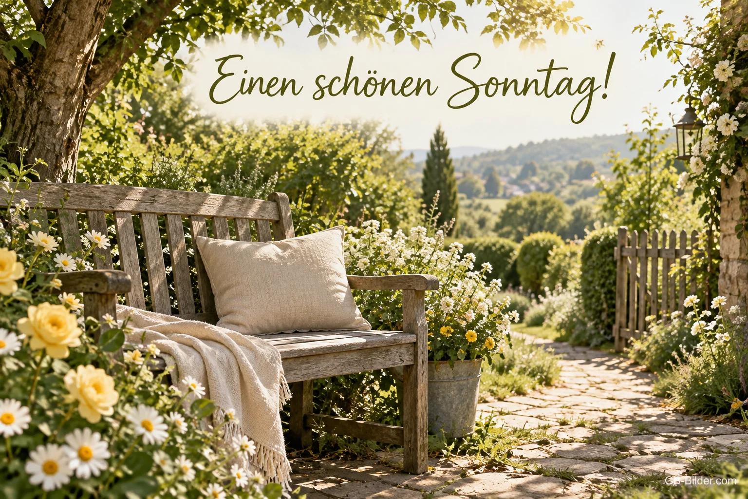 Gartenbank zwischen Margeriten, Text: Einen schönen Sonntag!