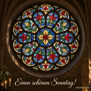 Kirchenfensterrose mit Kerzen, Text: Einen schönen Sonntag!