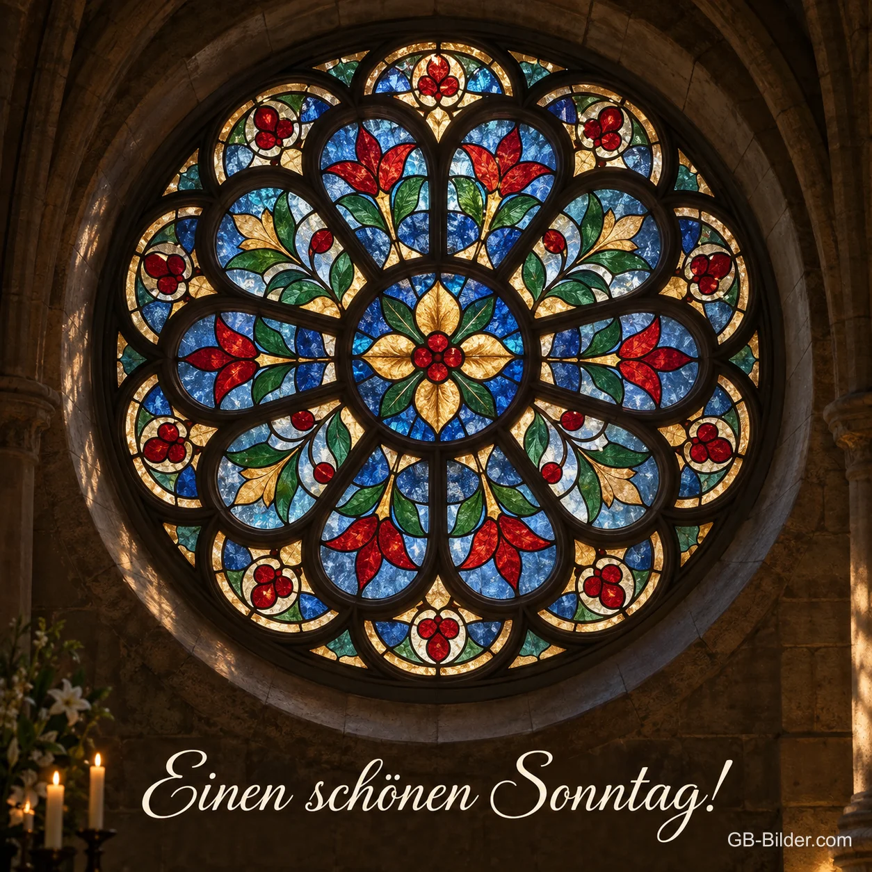 Kirchenfensterrose mit Kerzen, Text: Einen schönen Sonntag!