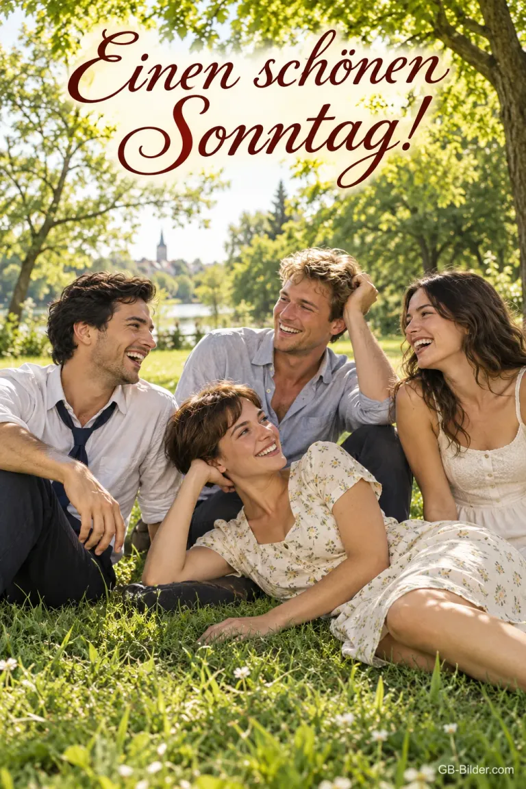 Vier lachende Freunde sitzen im Gras im sonnigen Park, Text: Einen schönen Sonntag!